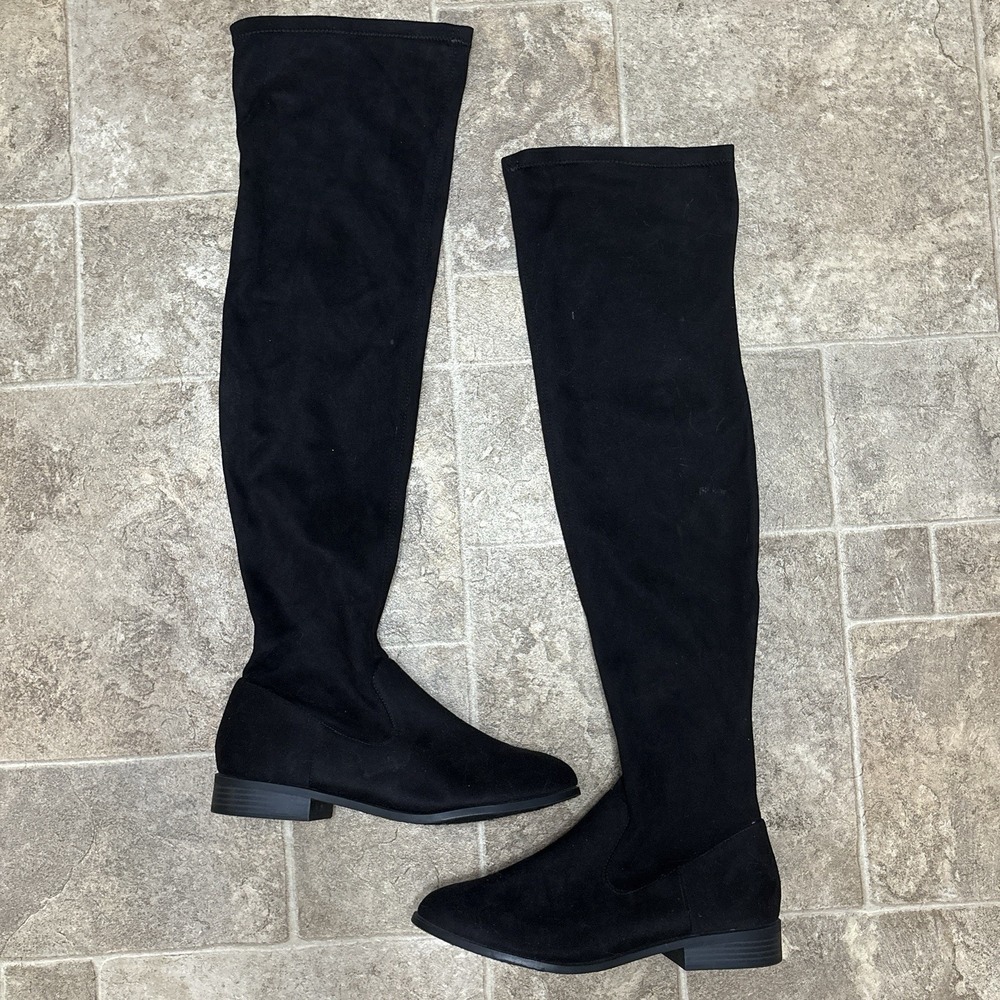SODA Black OTK Thigh High Boots 10 Faux Suede Stretch Low Block Heel EUC